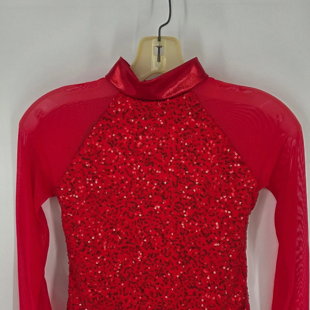 Balera Red Sequin Dance Leotard Dress Long Mesh Sleeve Mock Neck LC Kids